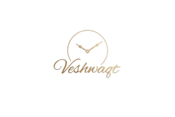 Elegant gold Veshwaqt logo representing men's fashion and luxury watch design, featuring minimalist clock hands above cursive brand typography.