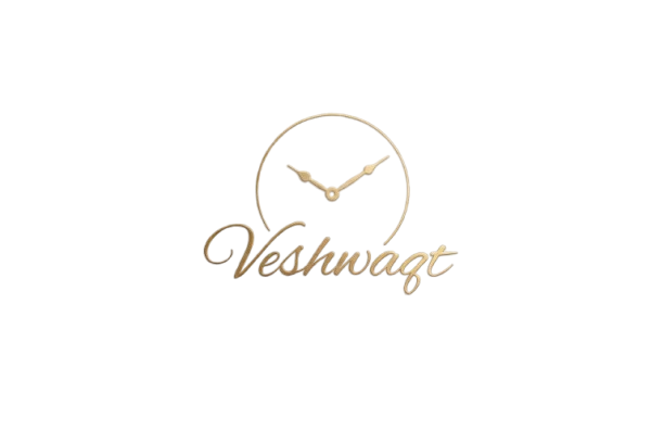 Elegant gold Veshwaqt logo representing men's fashion and luxury watch design, featuring minimalist clock hands above cursive brand typography.