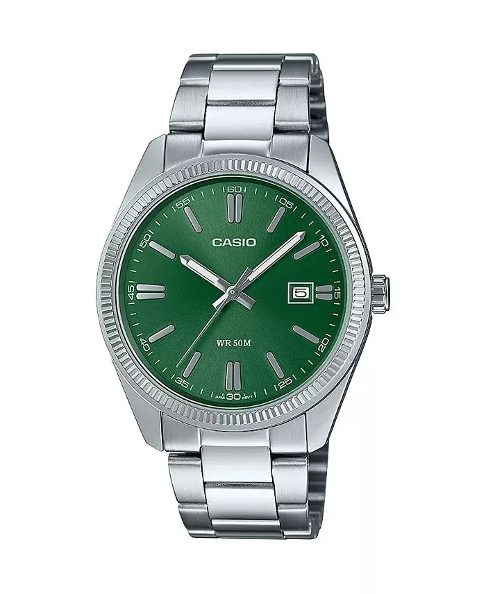 A silver-tone stainless steel Casio wristwatch for men featuring a sunray green dial, date window, and fluted bezel, representing a classic entry in any watch collection.