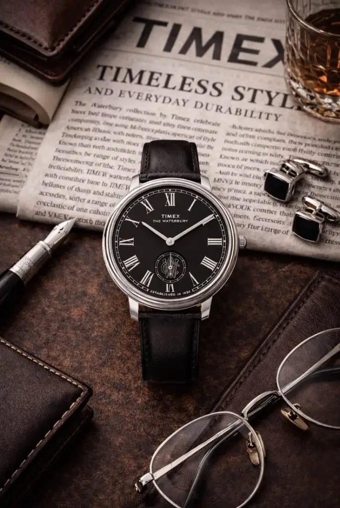 A classic Timex Waterbury wristwatch featuring a black dial with Roman numerals and a black leather strap, displayed as part of a luxury men’s collection alongside a fountain pen and spectacles.
