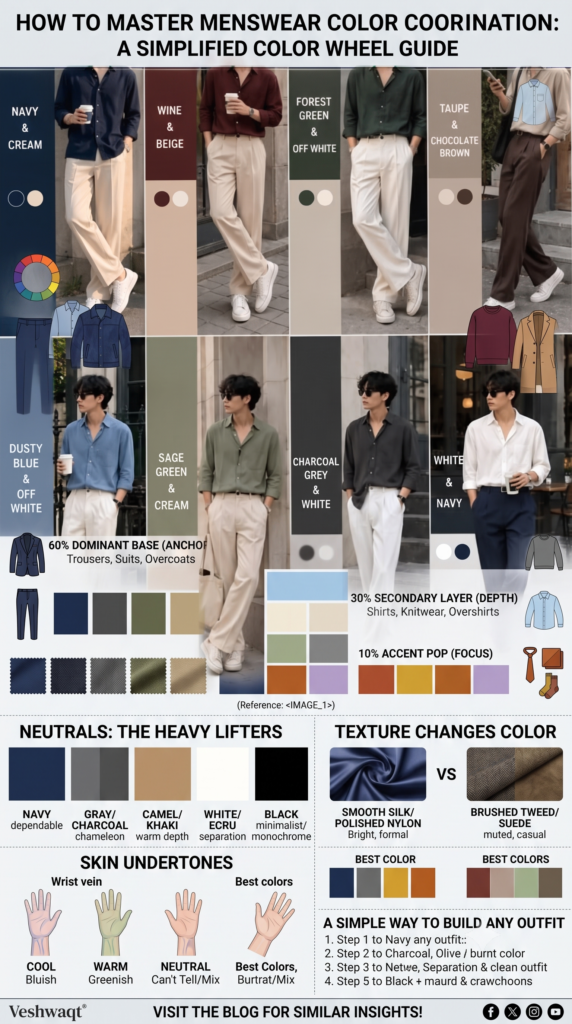 Infographic illustrating color coordination in men's fashion featuring the color wheel, 4 matching schemes, the 60-30-10 rule, neutrals, and skin undertones.