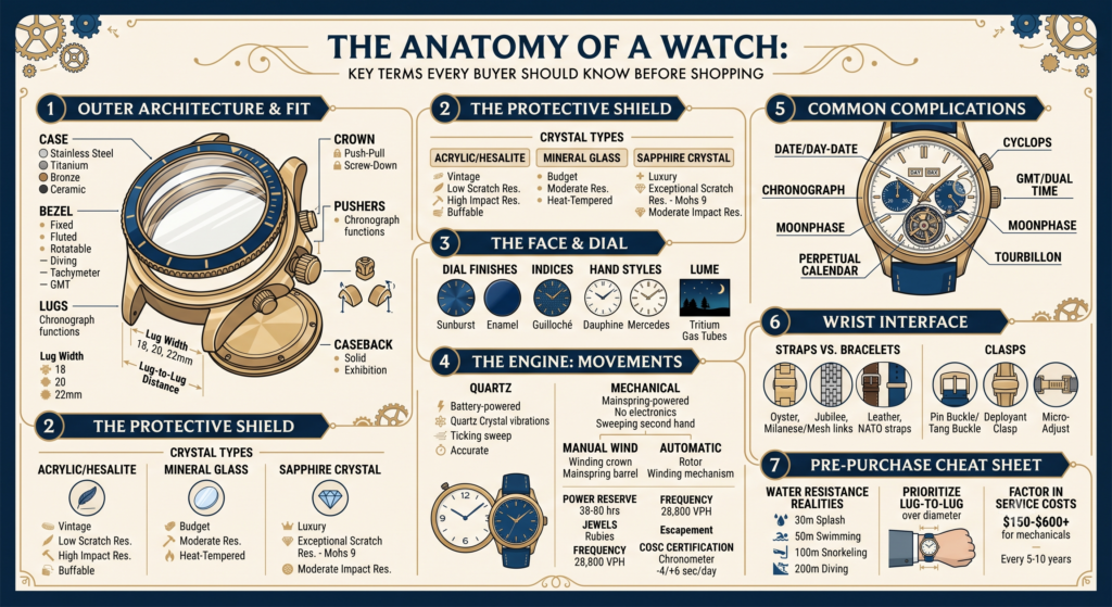 Infographic showing the anatomy of a watch with labelled diagrams for the case, movement, dial, crystal, complications, and straps.