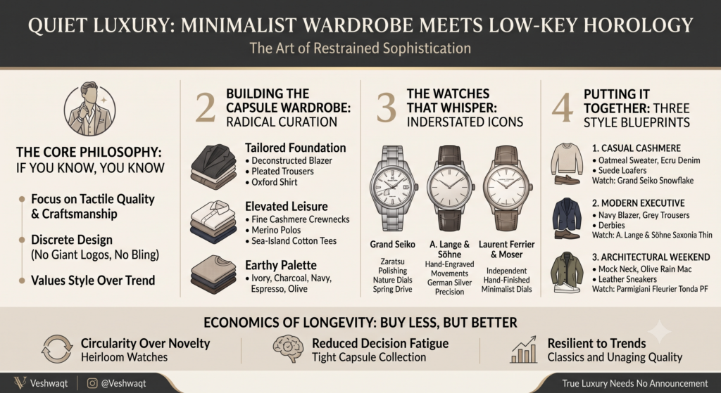 Infographic explaining quiet luxury style, showing capsule wardrobe essentials, understated luxury watches like Grand Seiko and A. Lange & Söhne, and three minimalist outfit blueprints.