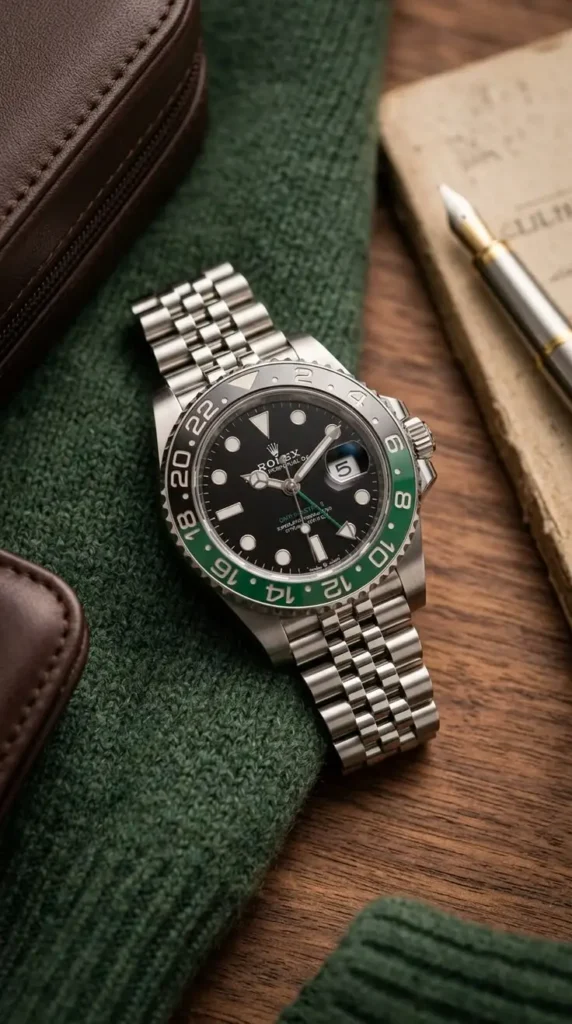 A stainless steel GMT complication watch with a black and green rotating bezel is resting on a green knitted sweater next to a leather accessory case and an open notebook with a fountain pen on a wooden table.