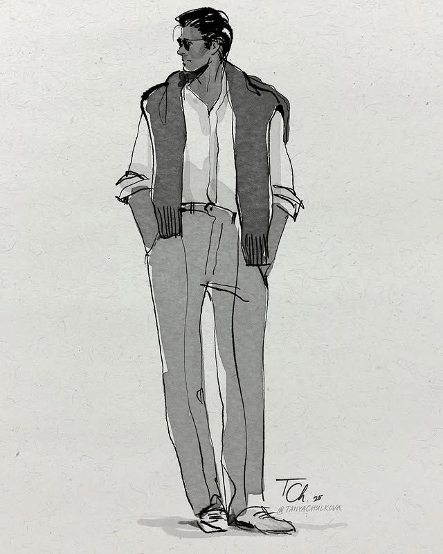 Black and white fashion illustration of a man wearing sunglasses, a button-down shirt, high-waisted tailored trousers, and a sweater draped over his shoulders.