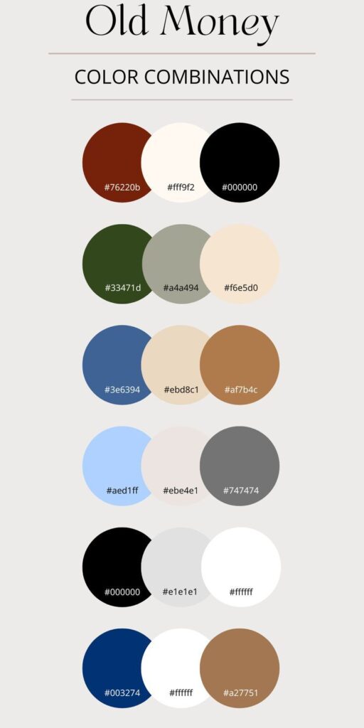 Chart displaying six Old Money color palettes with circular swatches and hex codes featuring navy, beige, olive, cream, brown, and charcoal.