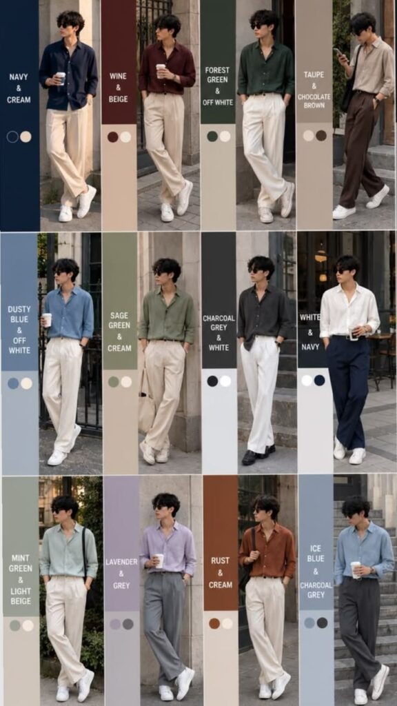 Grid of twelve stylish men's smart-casual outfits demonstrating color matching between button-down shirts and pleated trousers with labeled color swatches.