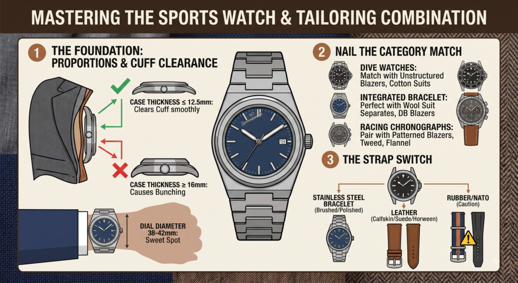 An educational infographic titled 'Mastering the Sports Watch & Tailoring Combination' outlining cuff clearance rules, sports watch categories for suits, and watch strap pairing options.